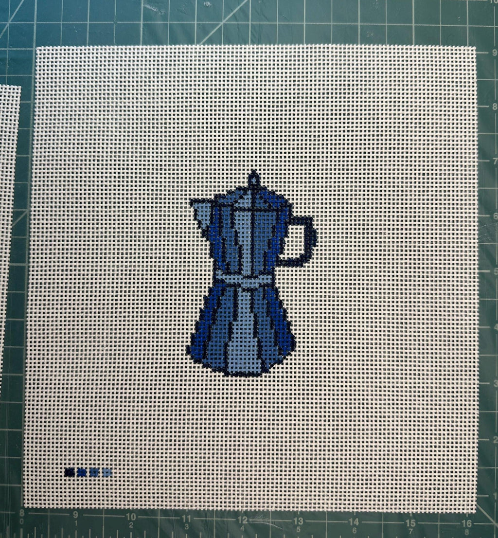 Italian coffee pot hand painted needlepoint canvas on 13 mesh