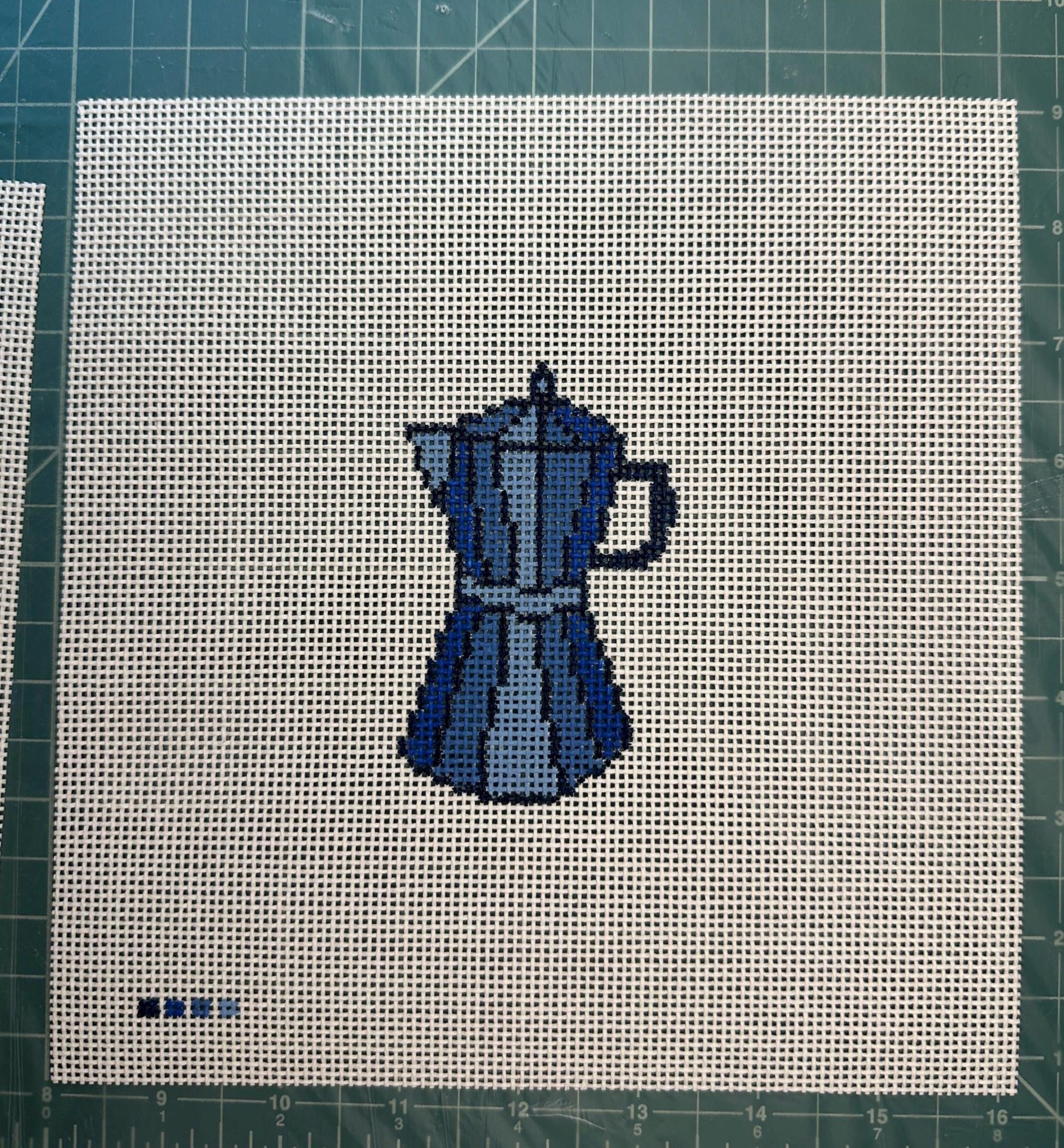 Italian coffee pot hand painted needlepoint canvas on 13 mesh