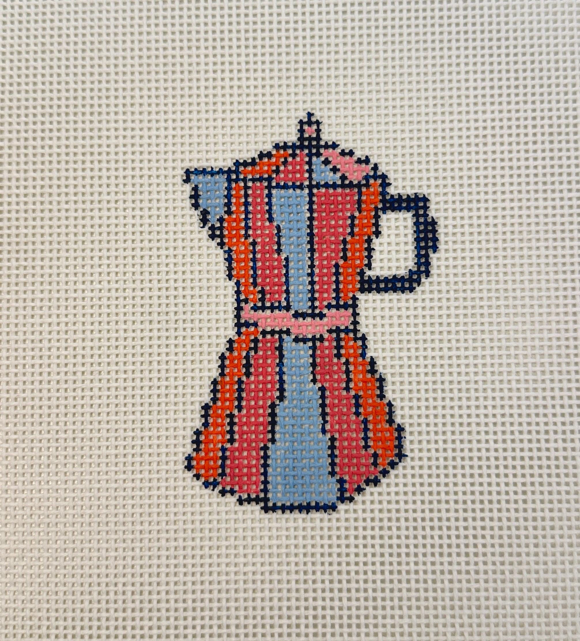 Italian coffee pot hand painted needlepoint canvas on 13 mesh