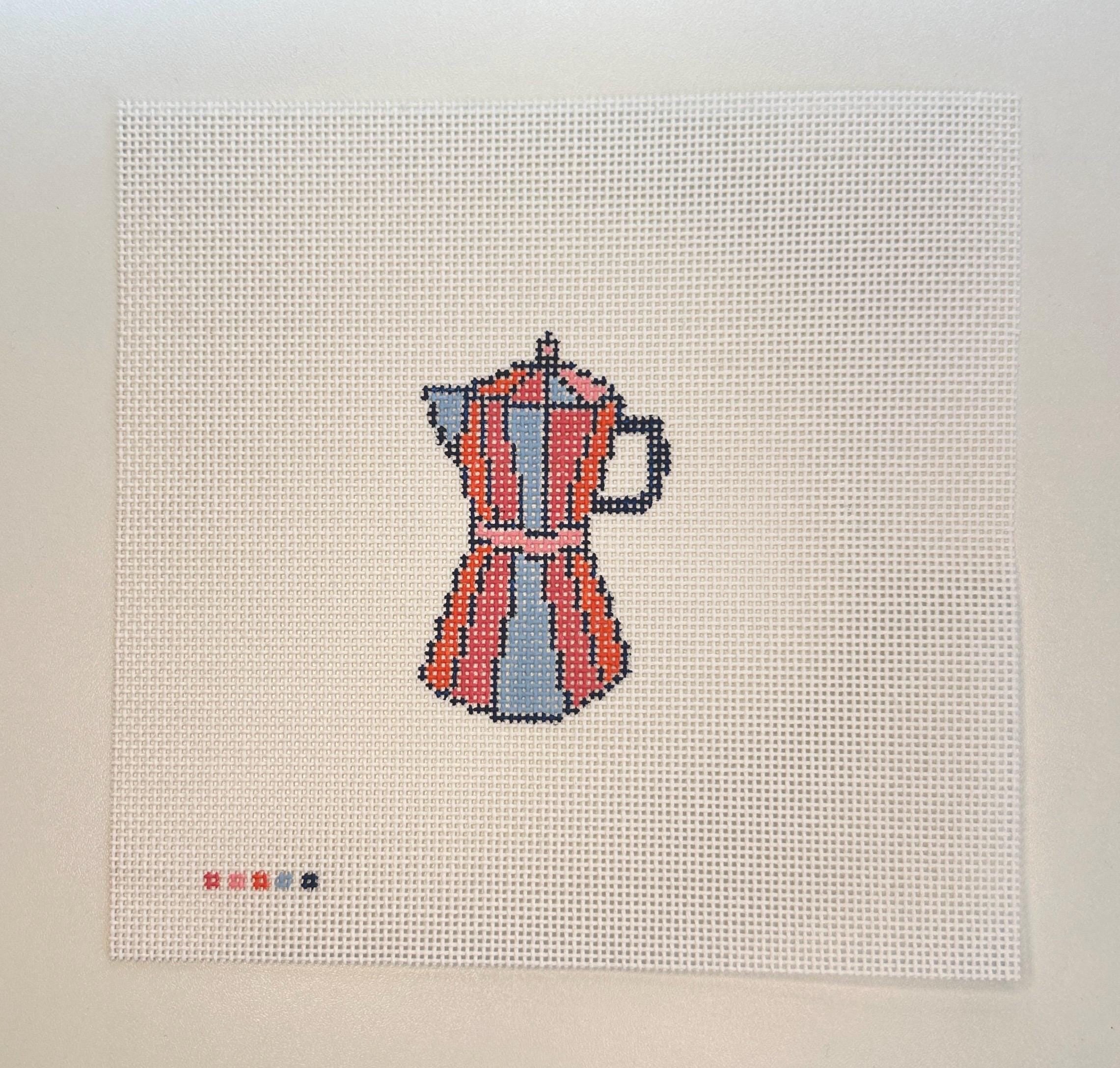 Italian coffee pot hand painted needlepoint canvas on 13 mesh