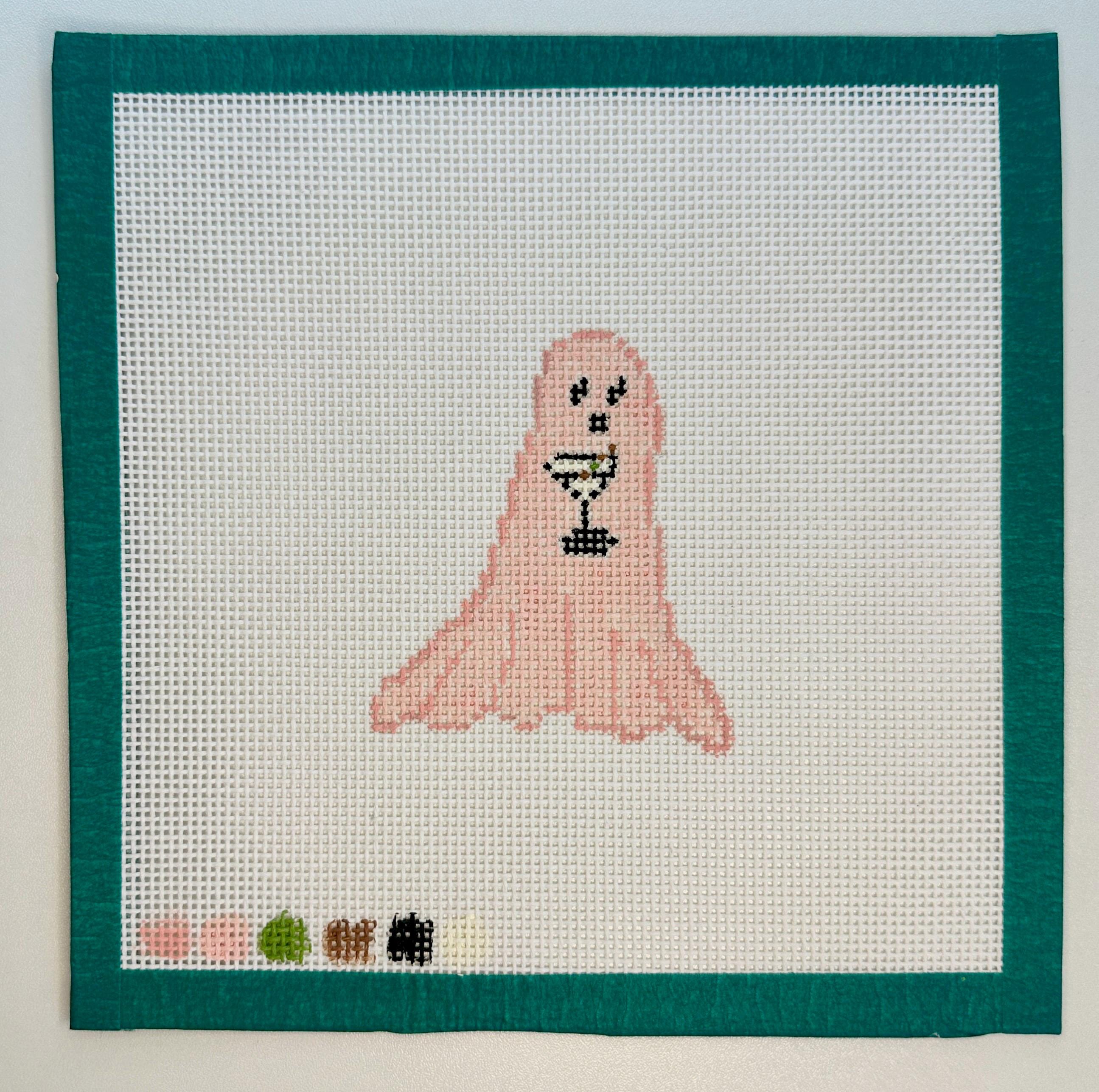 Ghost holding a martini hand painted needlepoint canvas on 13 mesh *Wholesale*