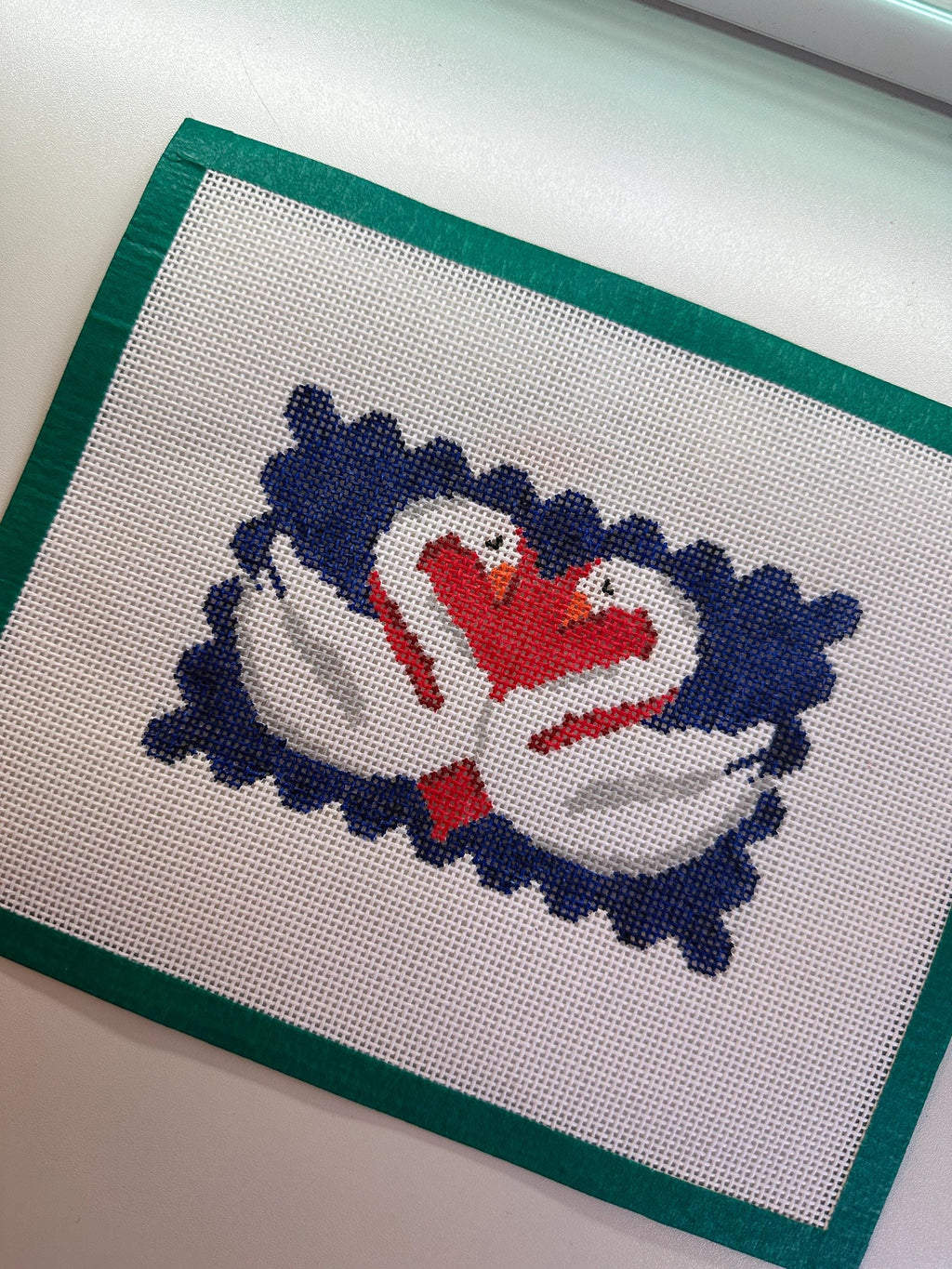 Valentine’s Scalloped Swan Heart Design Hand Painted Canvas on 13 Mesh