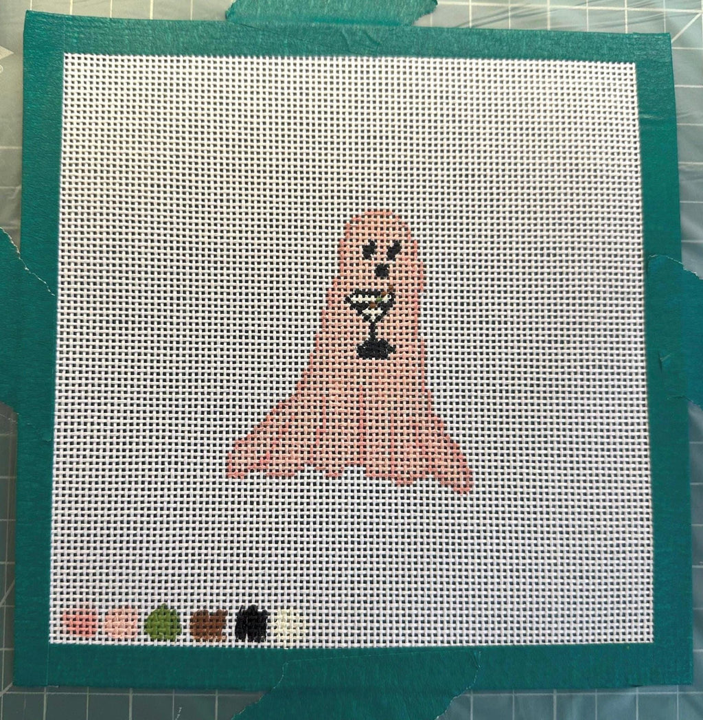 Ghost holding a martini hand painted needlepoint canvas on 13 mesh